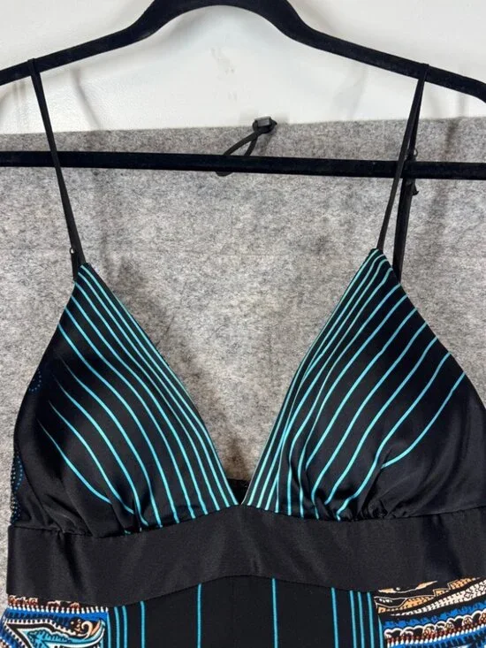 Y2K Vintage Silk Mini Dress Black Blue Paisley Halter Size P Boho Festival Chic - Picture 3 of 15